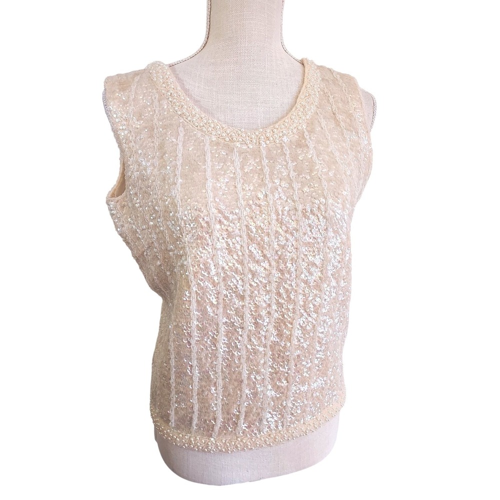 Vintage Beaded Sequin Wool Shell Top Womens small Cream Coquette Retro Pearls